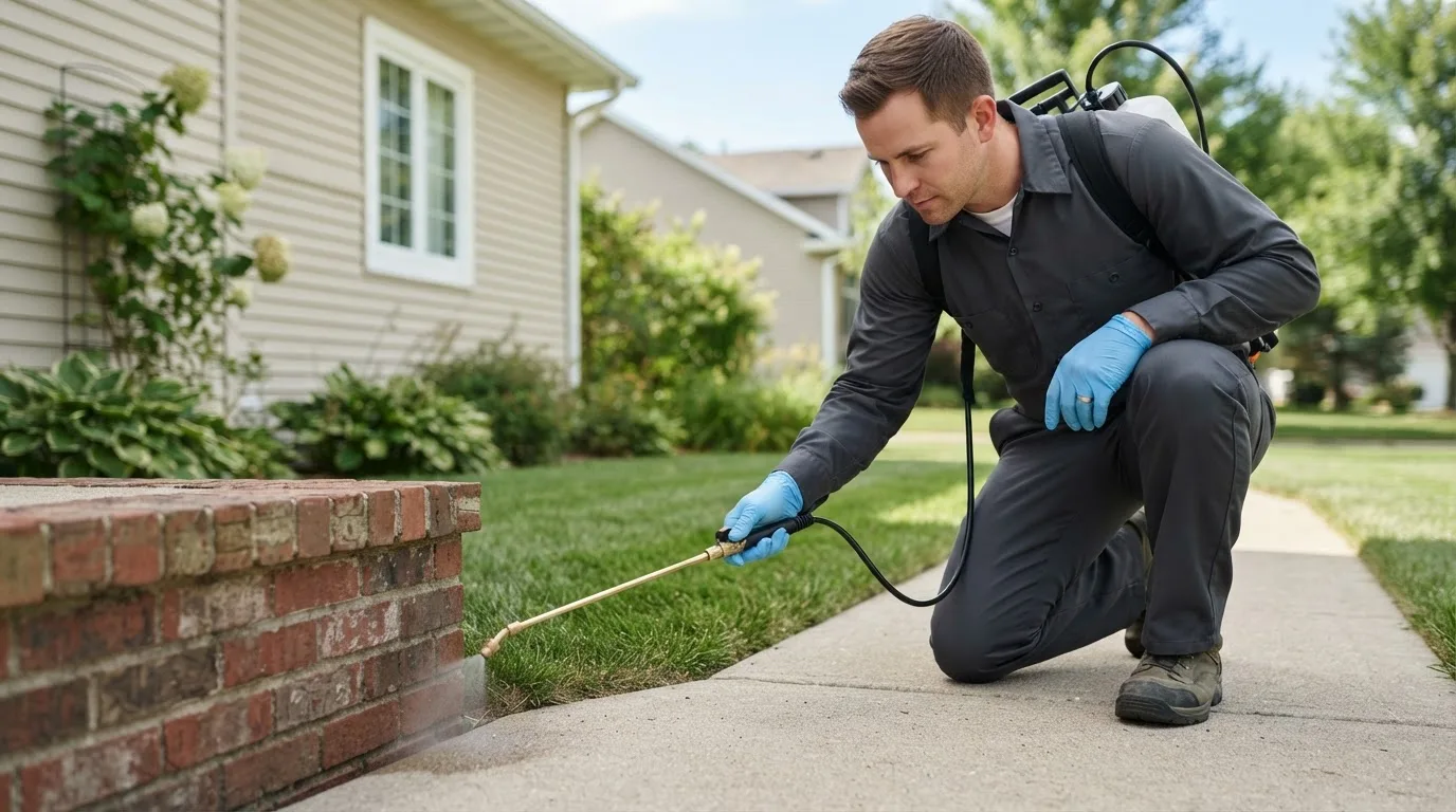 Pest control technician treating a home near Carey, OH